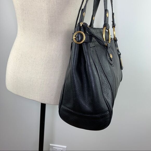 The Sak Pink‎ Label Black Leather Satchel Shoulder Bag Brass Rings Double Strap - Picture 6 of 16